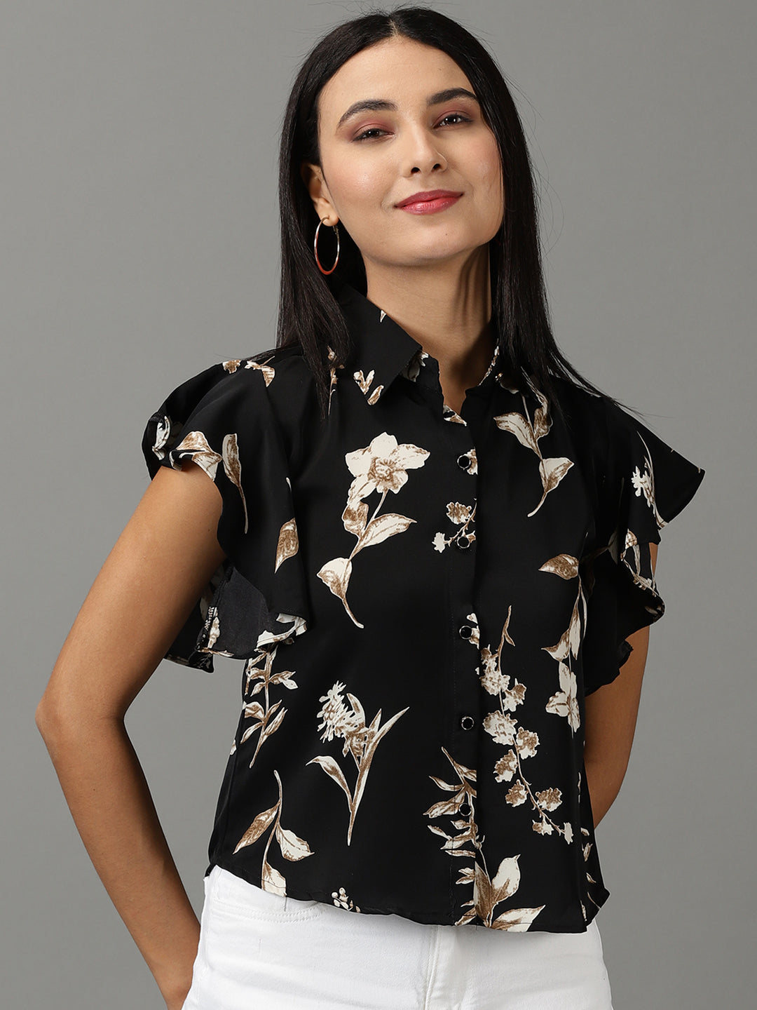 Women's Black Spread Collar Floral Printed Casual Shirt