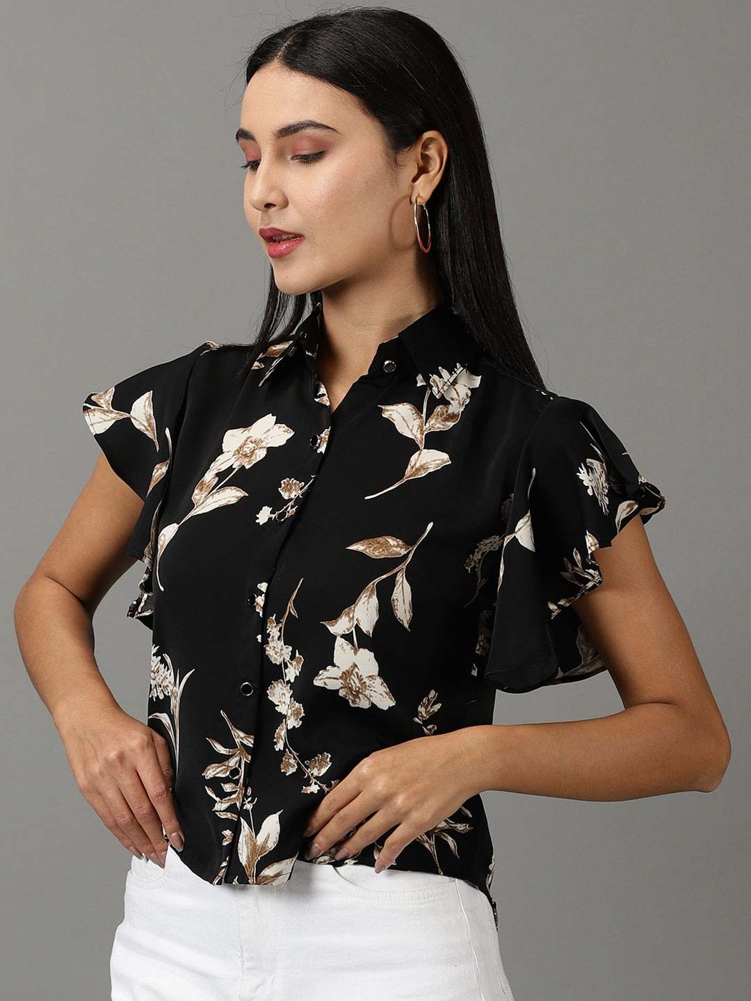 Women's Black Spread Collar Floral Printed Casual Shirt