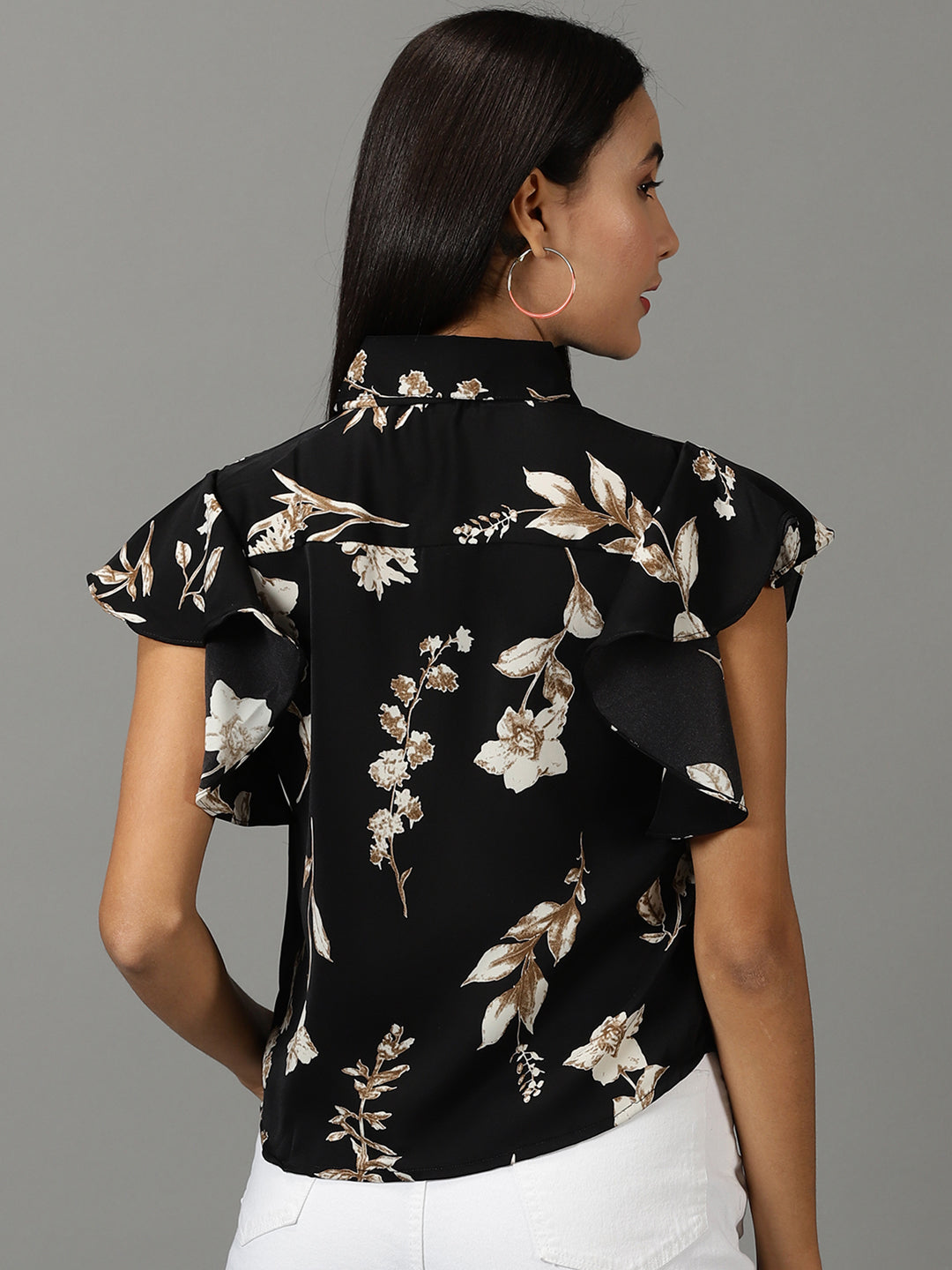 Women's Black Spread Collar Floral Printed Casual Shirt