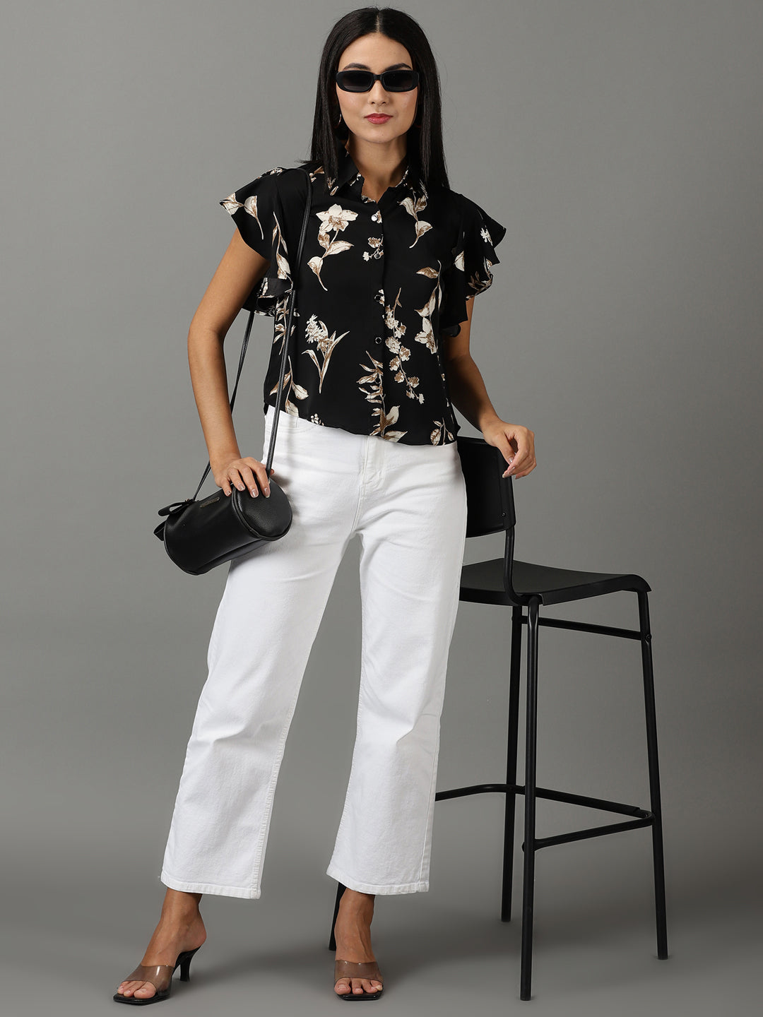 Women's Black Spread Collar Floral Printed Casual Shirt