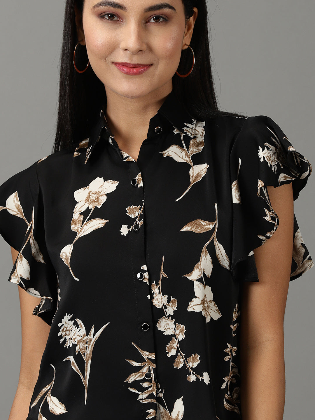 Women's Black Spread Collar Floral Printed Casual Shirt