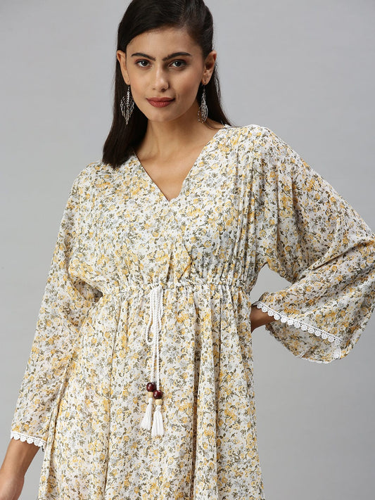 Women's V-Neck Printed Kaftan White Dress