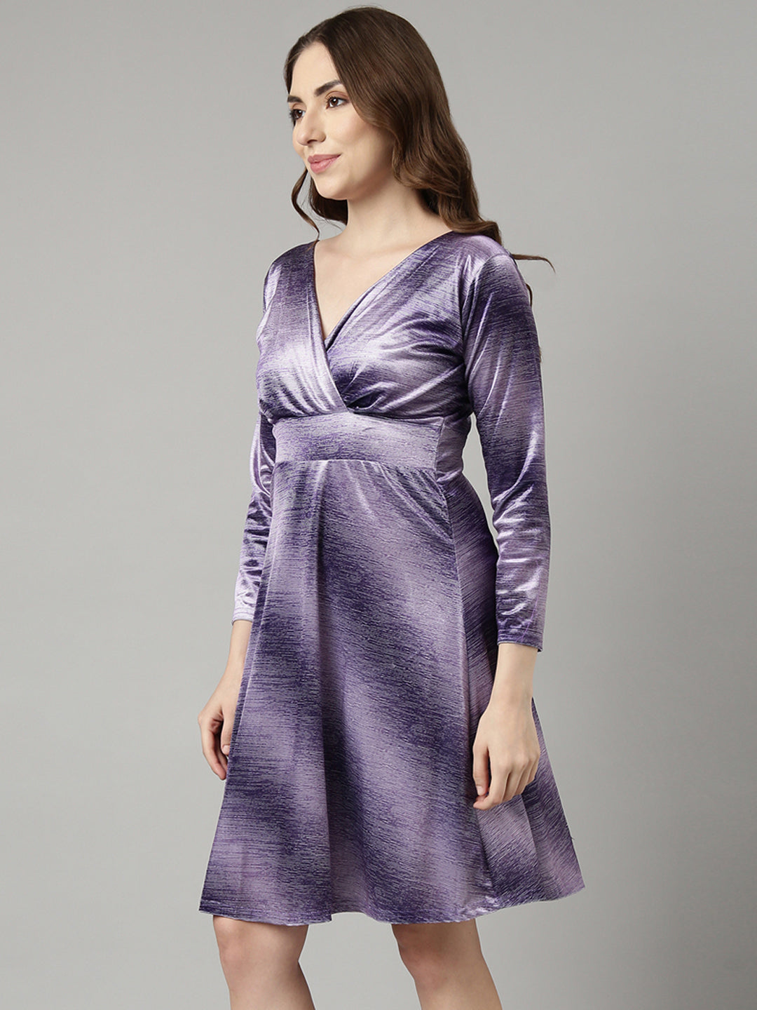 Women's Lavender V-Neck Full Sleeves Flared A-Line Dress