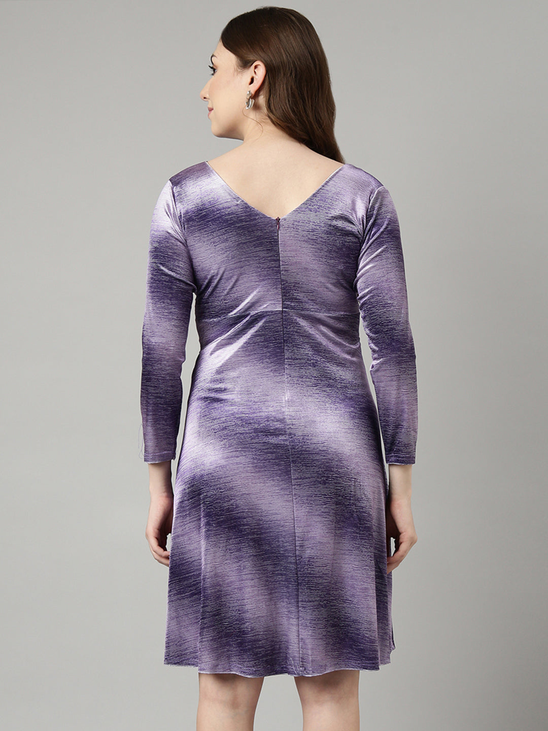 Women's Lavender V-Neck Full Sleeves Flared A-Line Dress