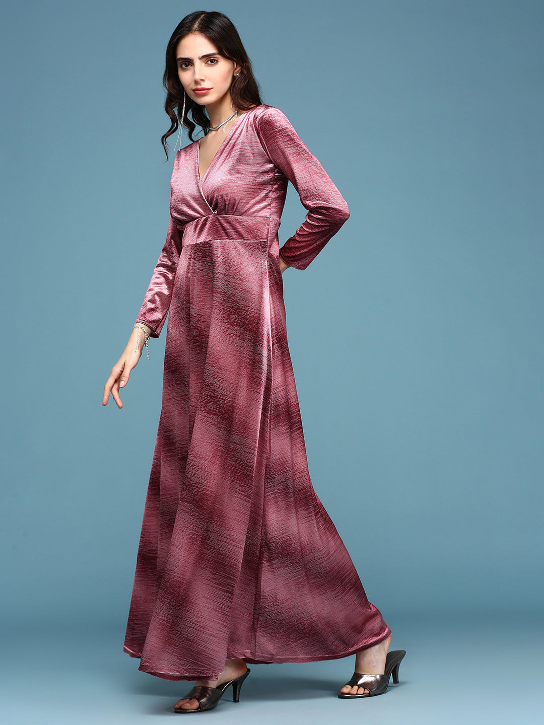 Women's Peach V-Neck Fit and Flare Maxi Dress