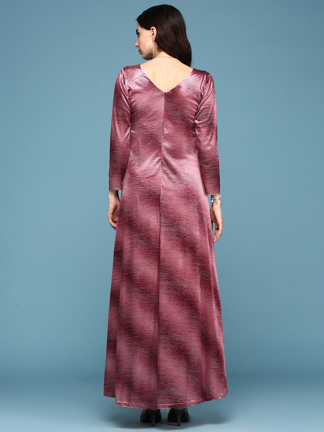 Women's Peach V-Neck Fit and Flare Maxi Dress