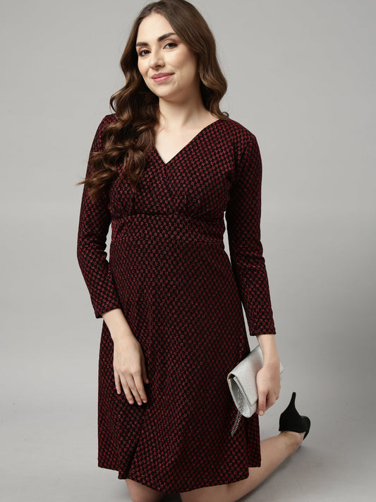 Women's Red Checked V-Neck Fit and Flare Dress