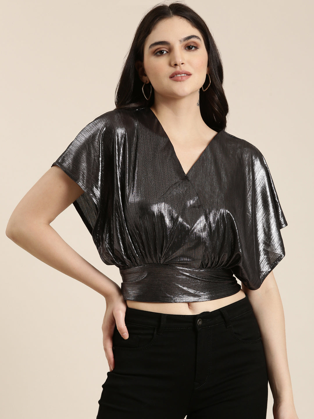 Women's Metallic Extended Sleeves Styled Back Crop Top