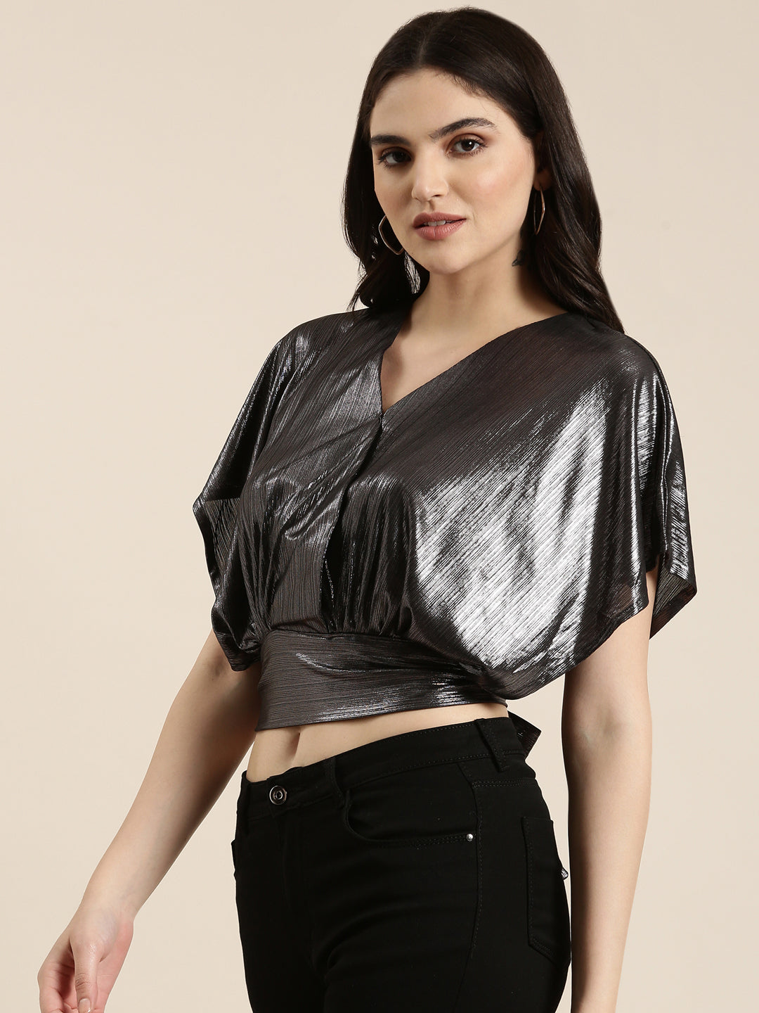 Women's Metallic Extended Sleeves Styled Back Crop Top