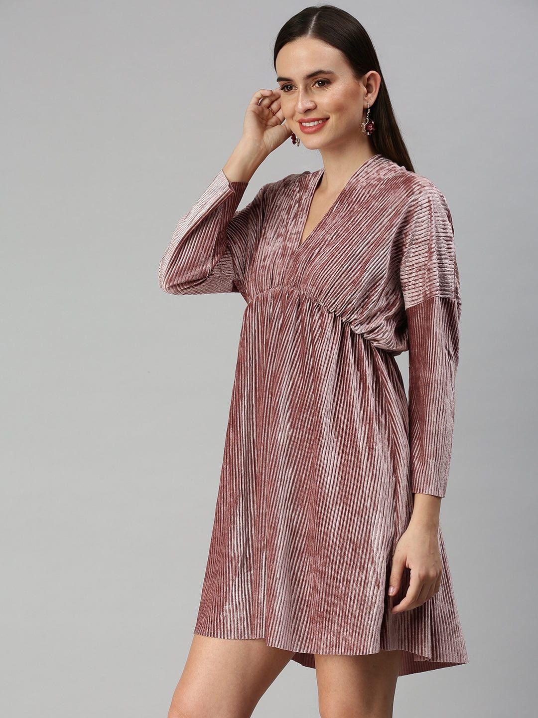 Women's V-Neck Solid Fit and Flare Mauve Dress