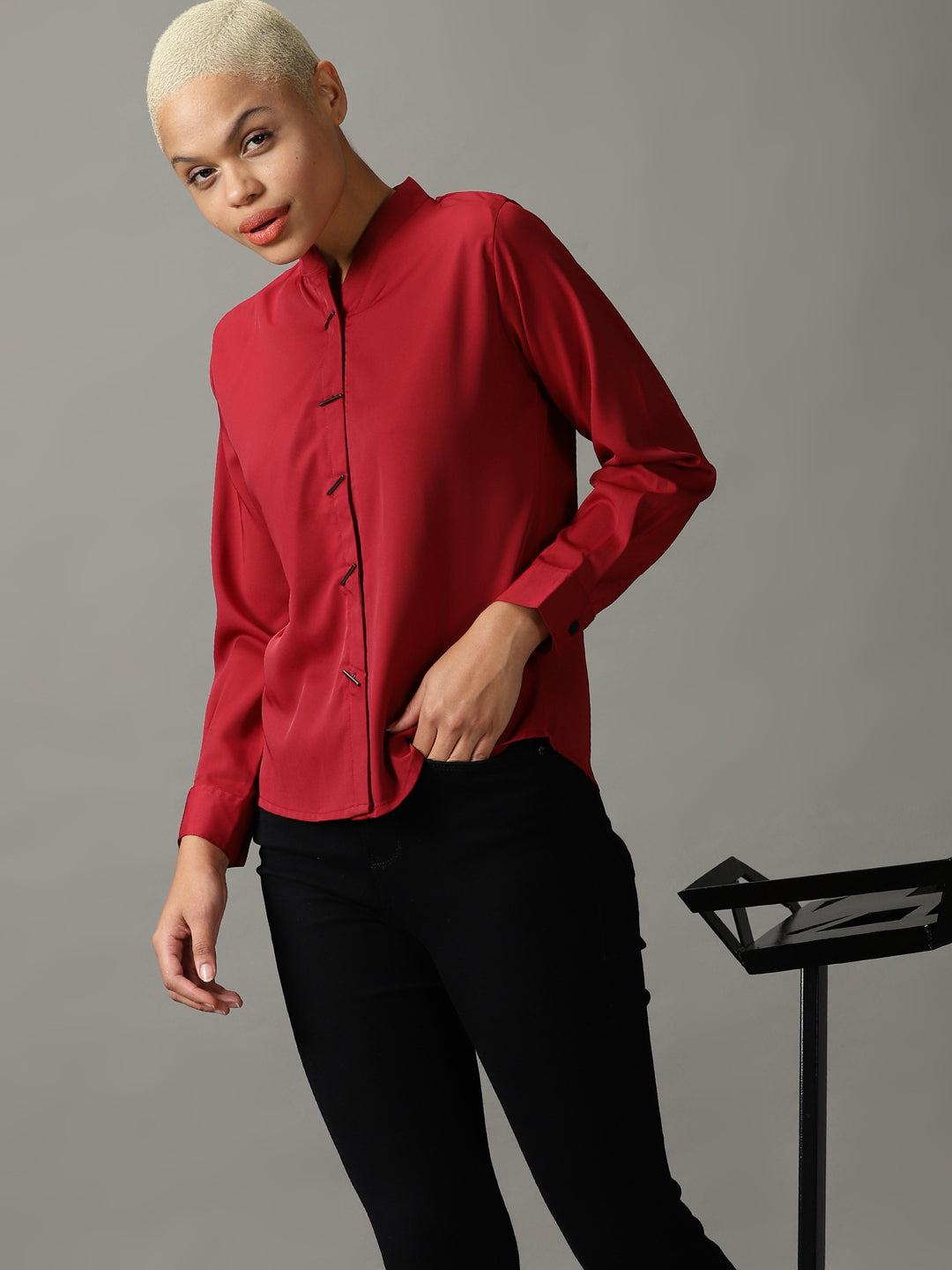 Women's Maroon Mandarin Collar Casual Shirt