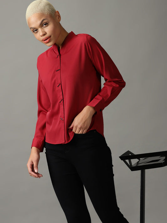 Women's Maroon Mandarin Collar Casual Shirt