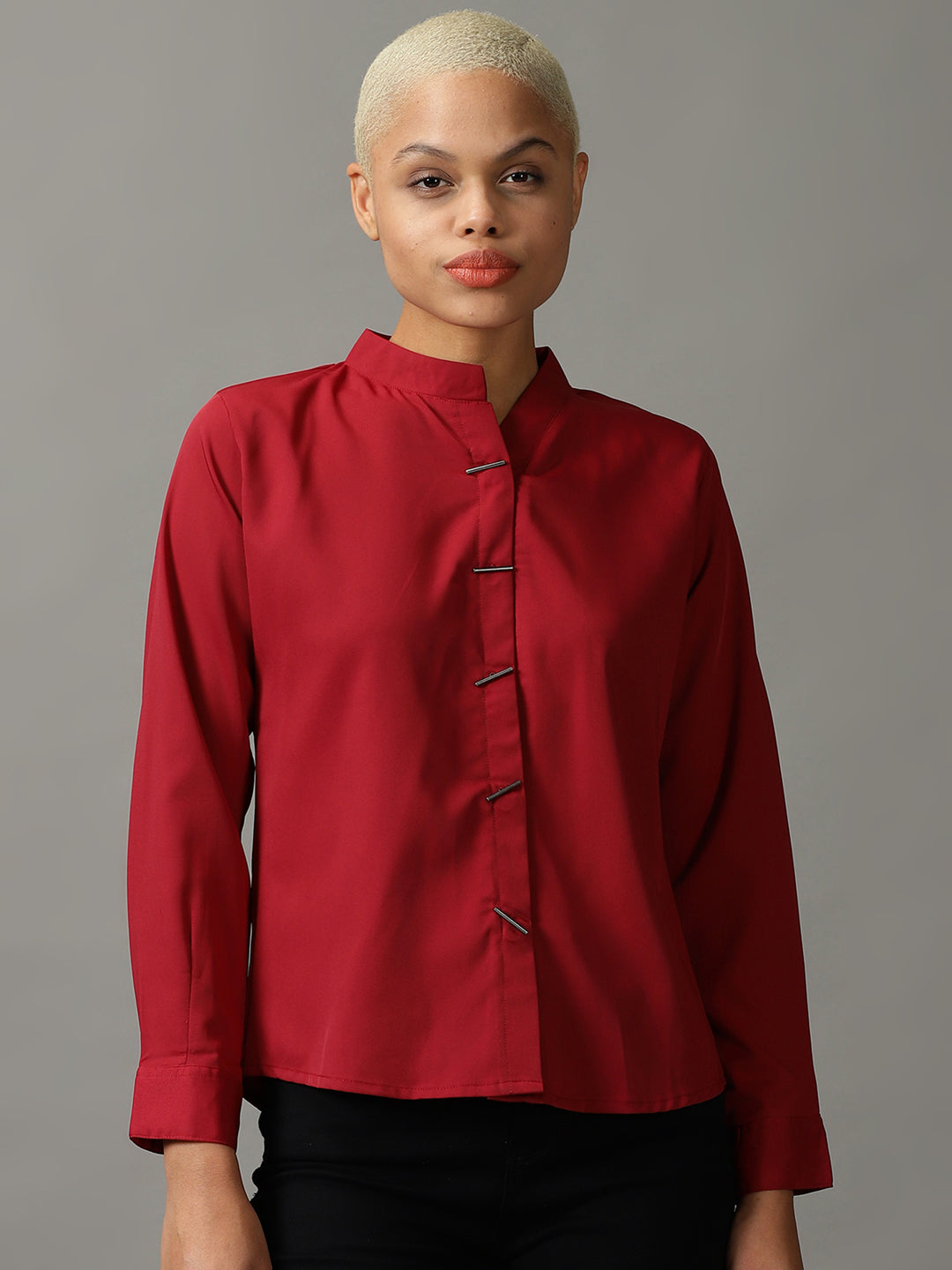 Women's Maroon Mandarin Collar Casual Shirt