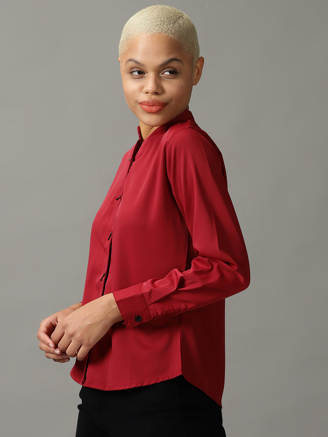 Women's Maroon Mandarin Collar Casual Shirt