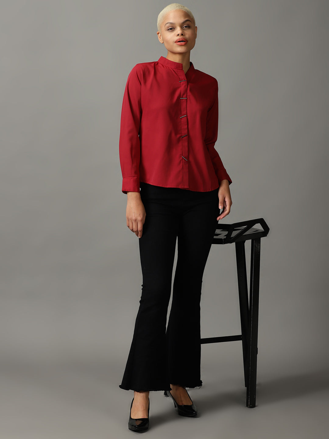 Women's Maroon Mandarin Collar Casual Shirt