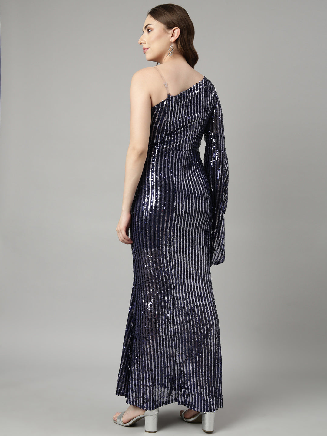 Women's Navy Blue Sequinned Embellished Bell Sleeve Bodycon Dress