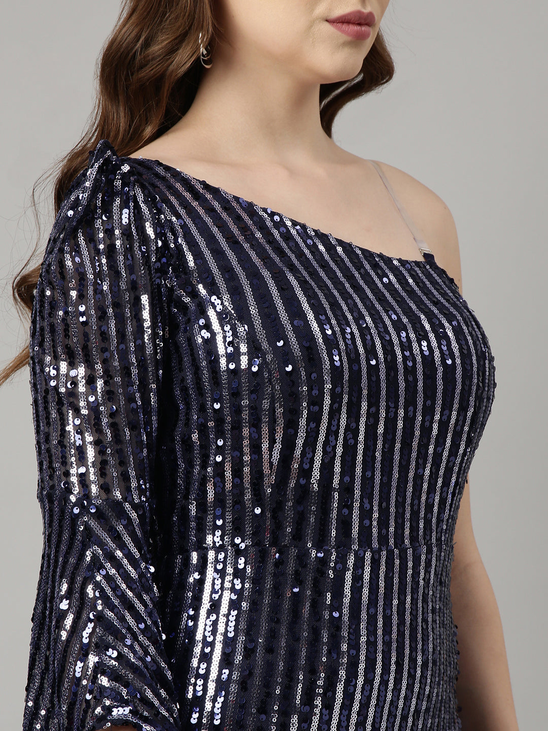 Women's Navy Blue Sequinned Embellished Bell Sleeve Bodycon Dress