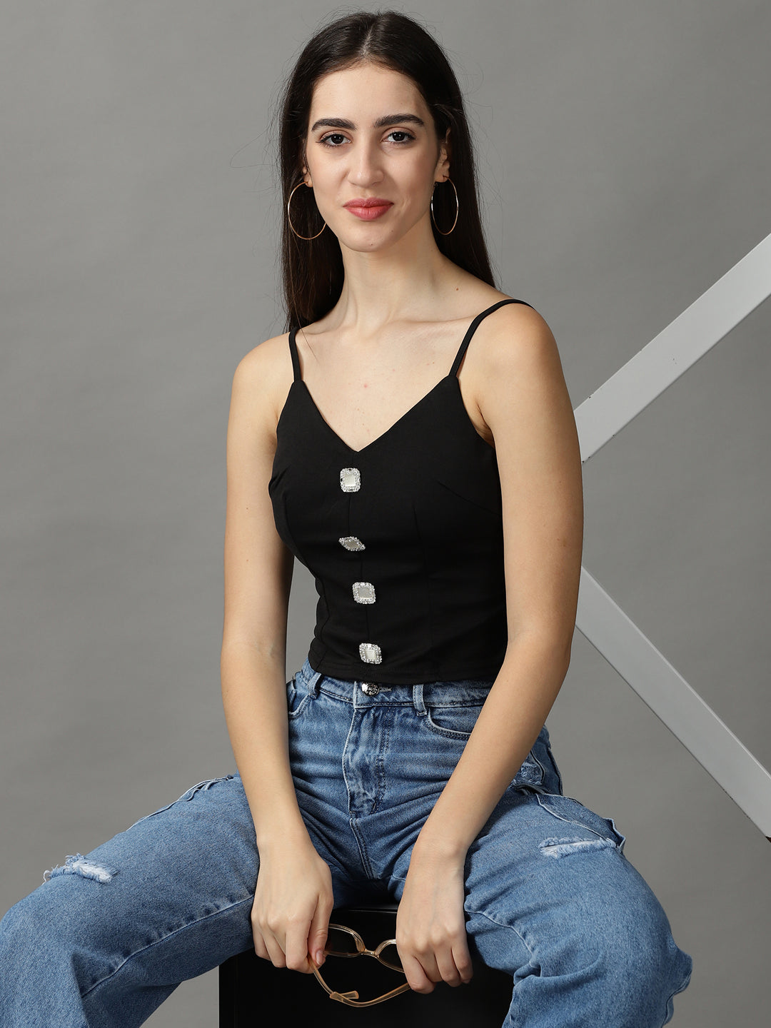Women's Black Button Studded Fitted Crop Top