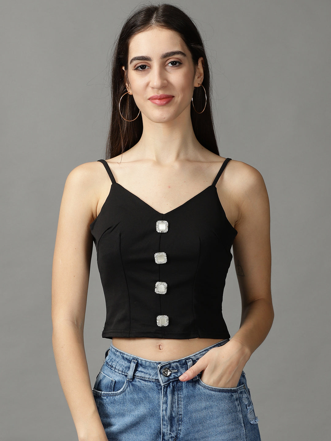 Women's Black Button Studded Fitted Crop Top