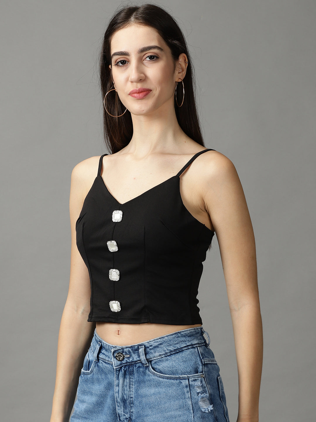 Women's Black Button Studded Fitted Crop Top
