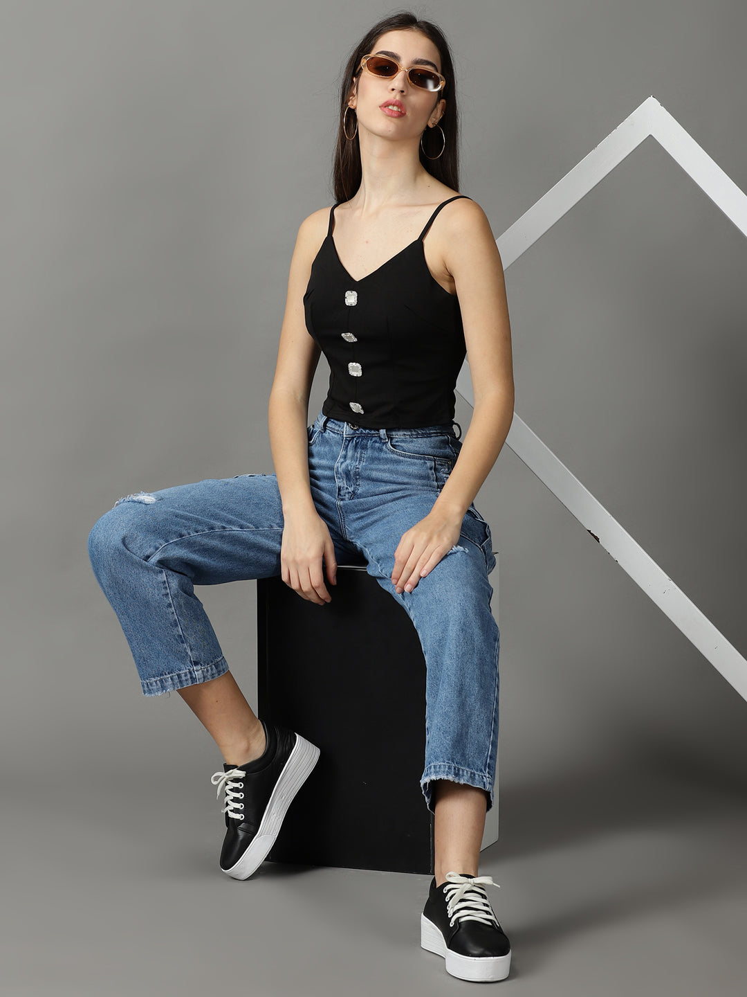 Women's Black Button Studded Fitted Crop Top