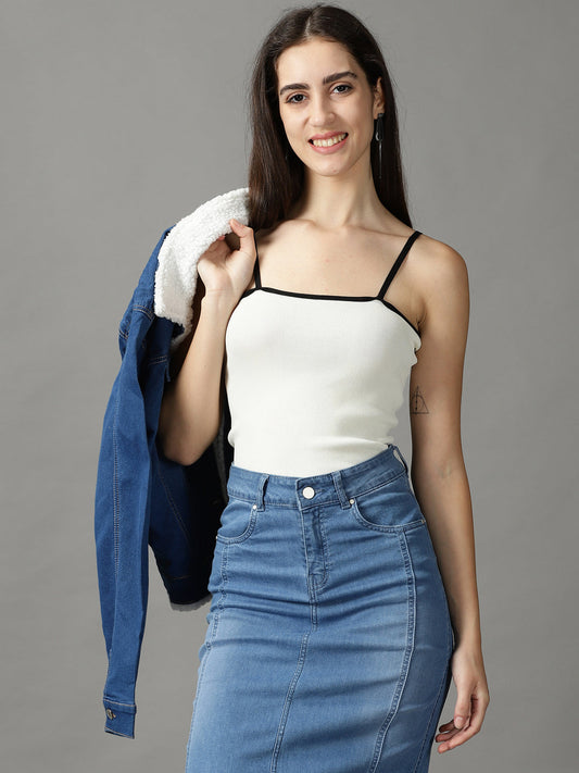 Women's Cream Ribbed Fitted Top