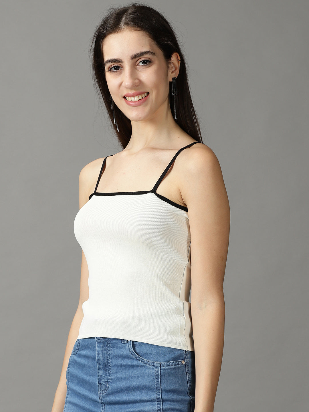 Women's Cream Ribbed Fitted Top